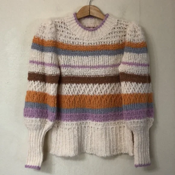 Rebecca Taylor Alpaca Blend Fluffy Striped Pullover Sweater 986 Multi Combo - Picture 8 of 13